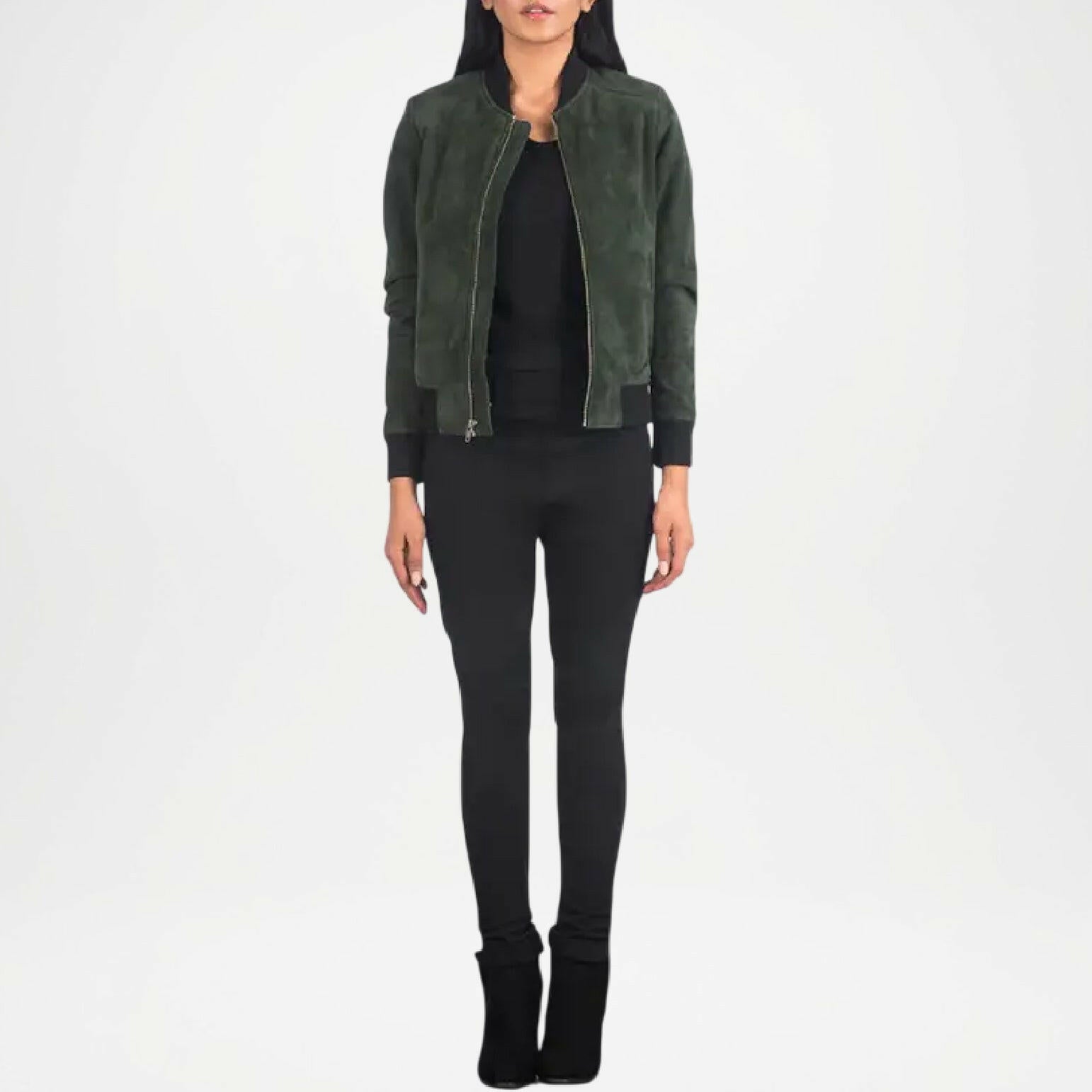 Green Suede Bomber Jacket Women