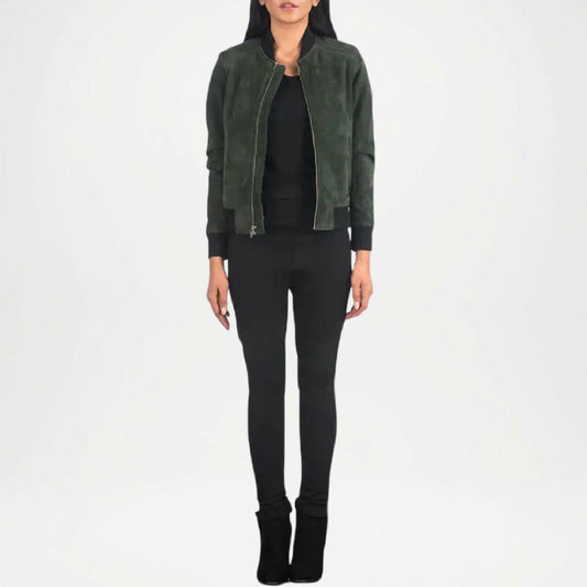 Green Suede Bomber Jacket Women