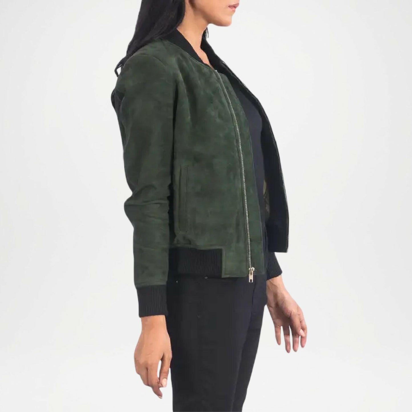 Green suede jacket worn by a person on a white background