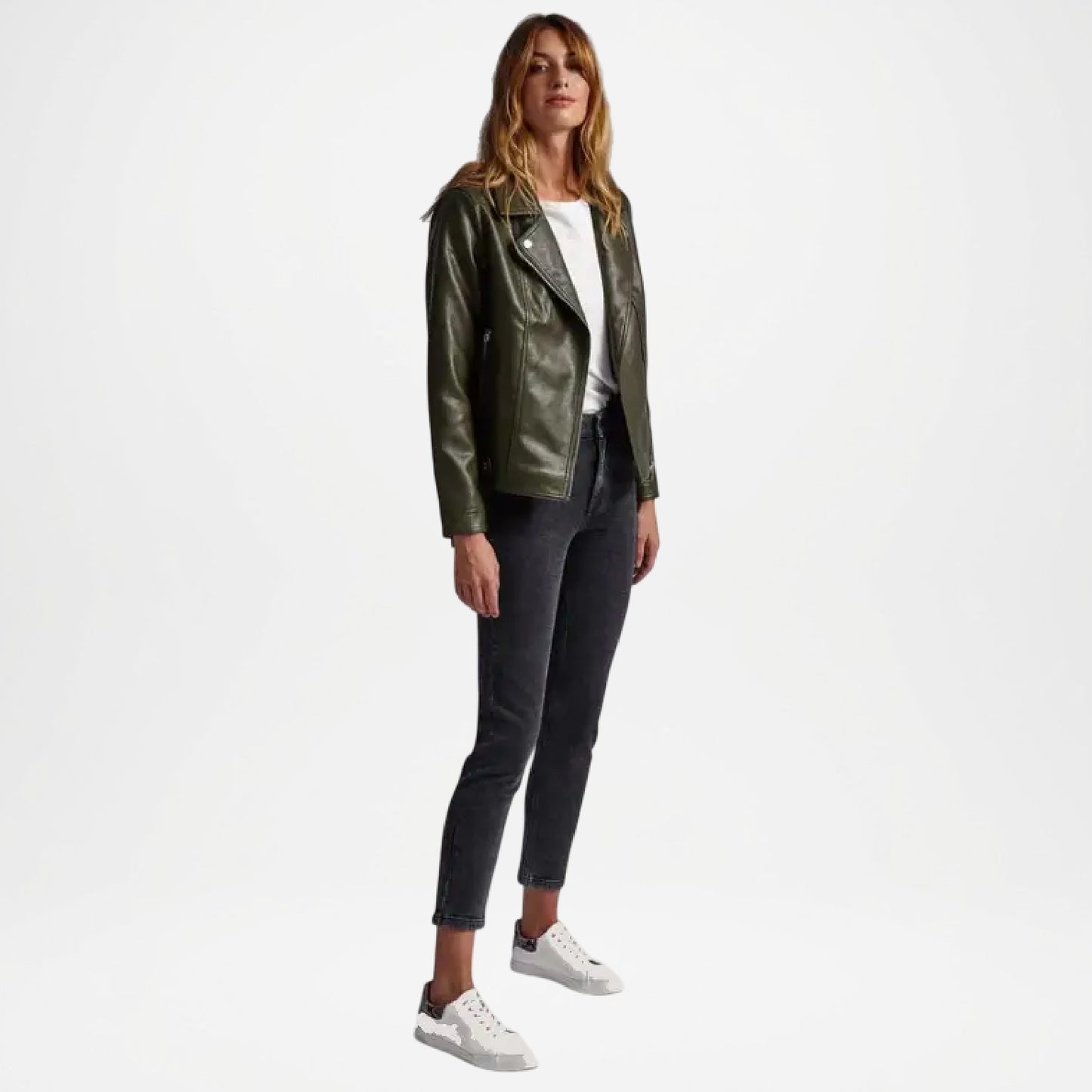 Olive green Leather Biker Jacket for Women