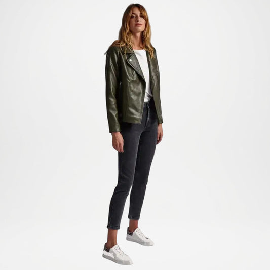 Olive green Leather Biker Jacket for Women