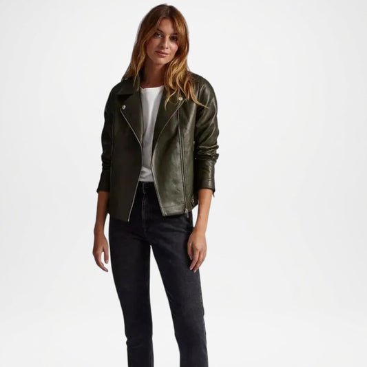 Olive green Leather Biker Jacket for Women