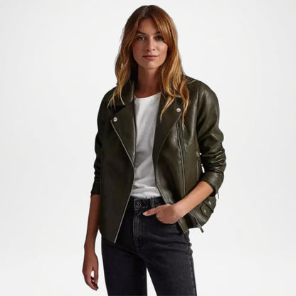 Olive green Leather Biker Jacket for Women
