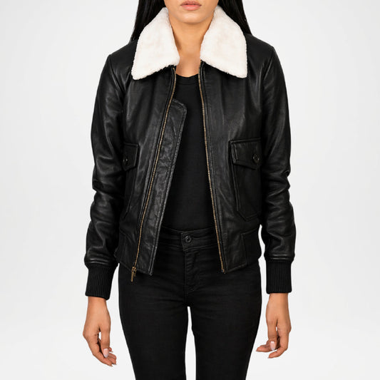 Black Leather Bomber Jacket for Women