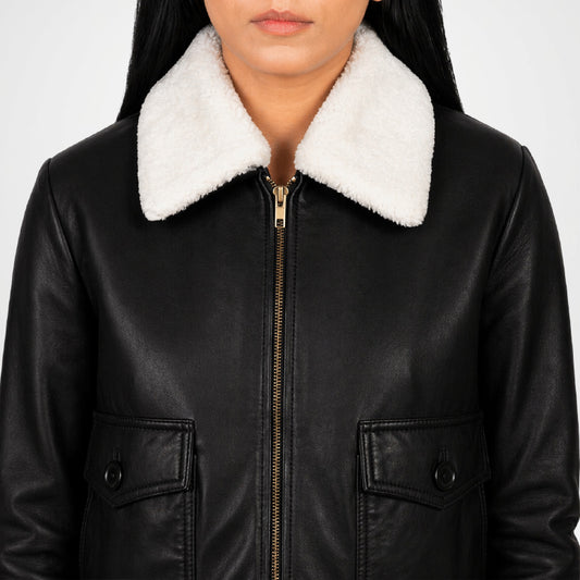 Black Leather Bomber Jacket for Women