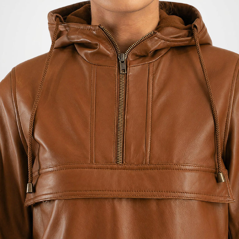 Brown leather hoodie with a zipper 