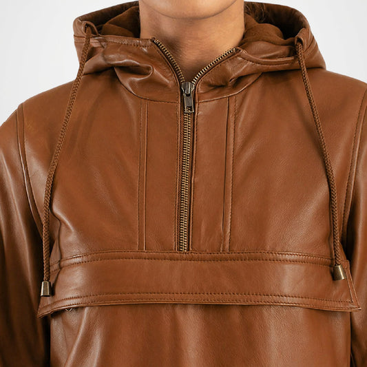 Brown leather hoodie with a zipper 