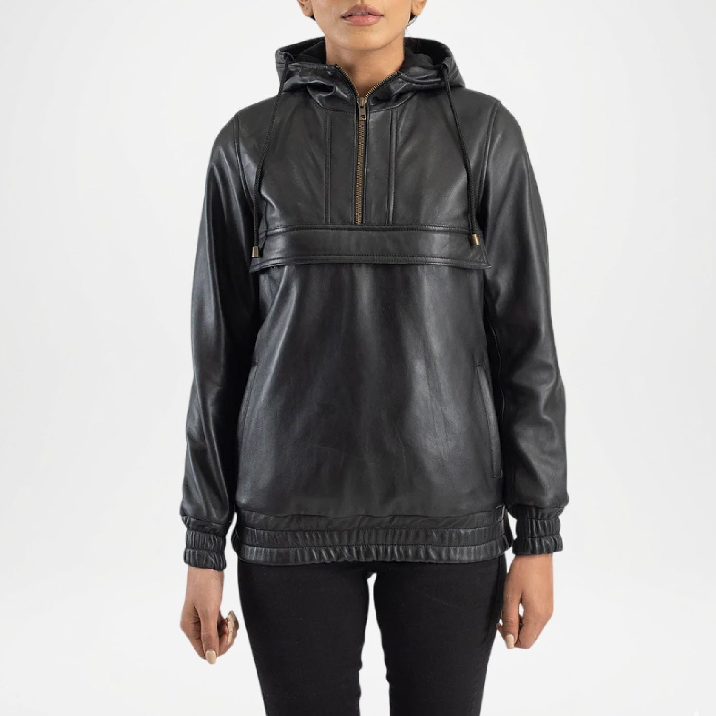 Zest Black Hooded Leather Jacket Women