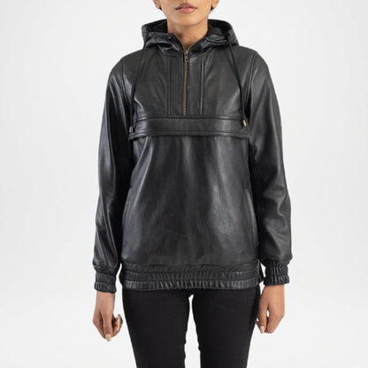 Zest Black Hooded Leather Jacket Women