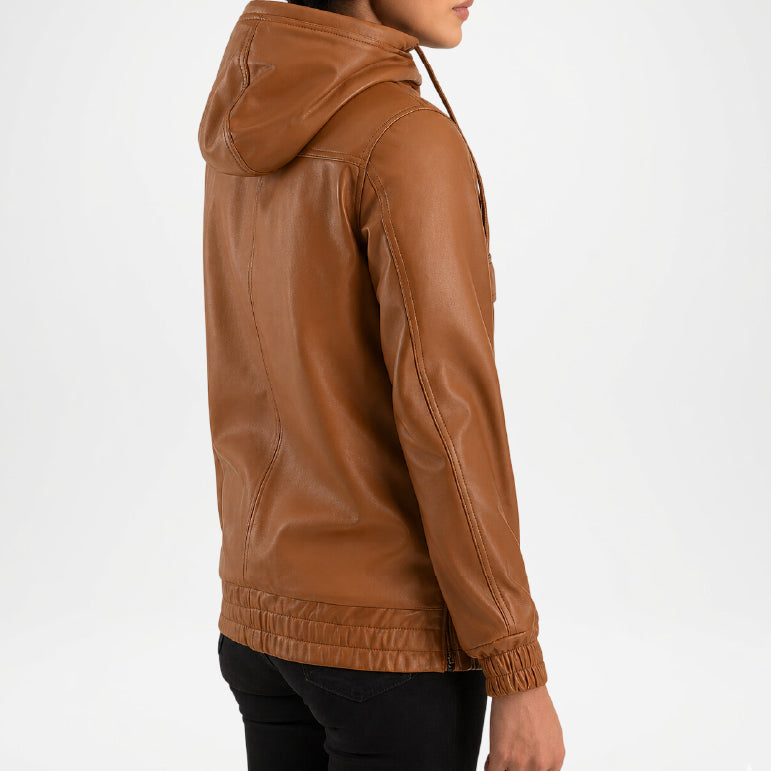 Brown leather jacket worn by a person on a white background