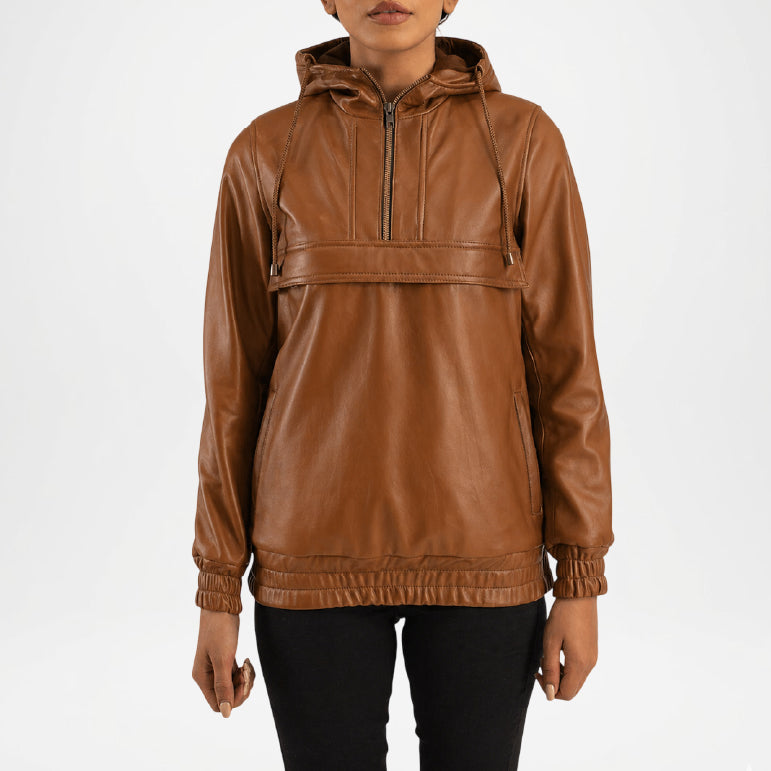 Zest Brown Hooded Leather Jacket women