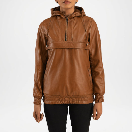 Zest Brown Hooded Leather Jacket women