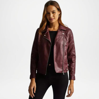 Burgundy Leather Biker Jacket Women