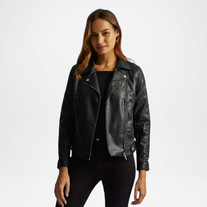 Black Leather Biker Jacket for Women