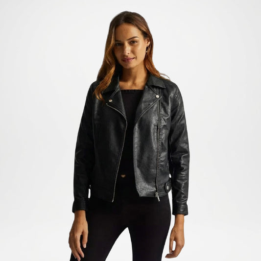 Black Leather Biker Jacket for Women