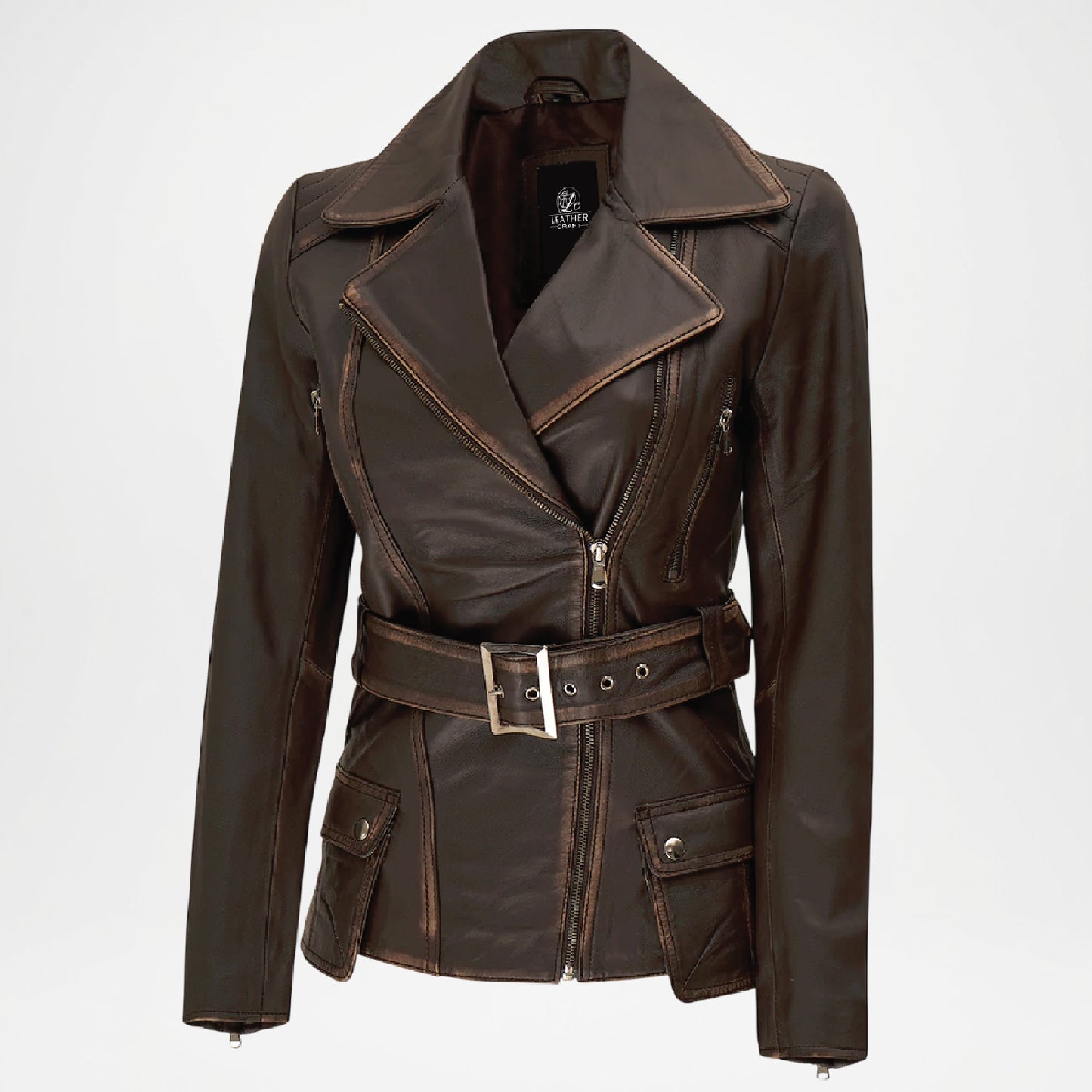 brown belted moto leather jacket
