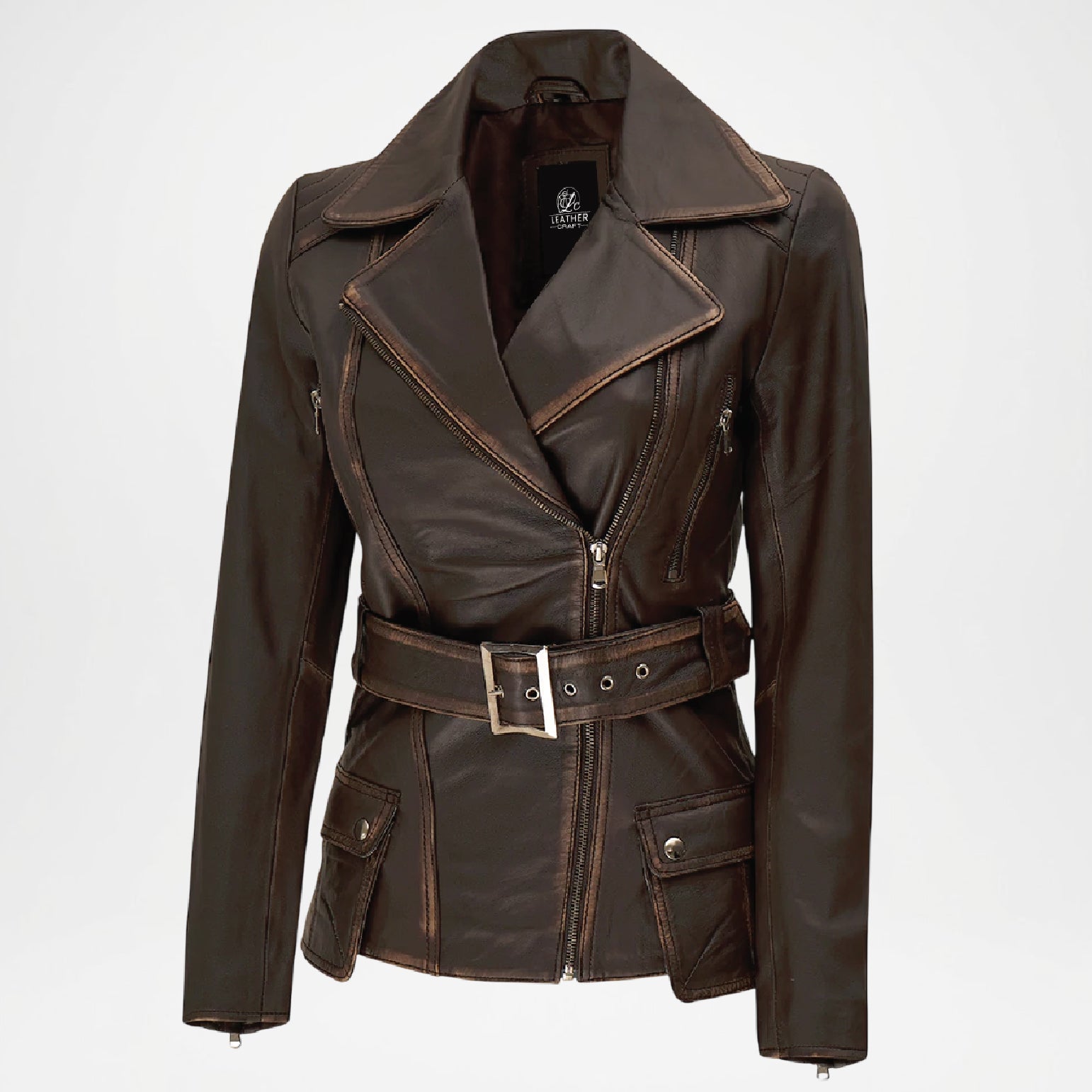 brown belted moto leather jacket
