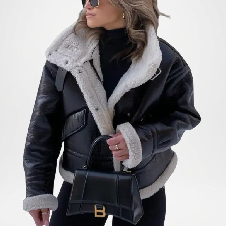 Bella Women’s Black Leather Bomber Jacket – Classic A-2 Shearling Style