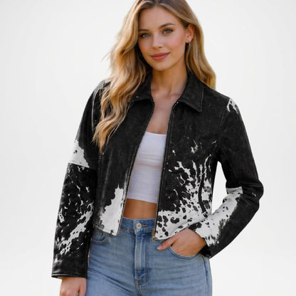 Black Cow Print Jacket Women Cropped Western Style