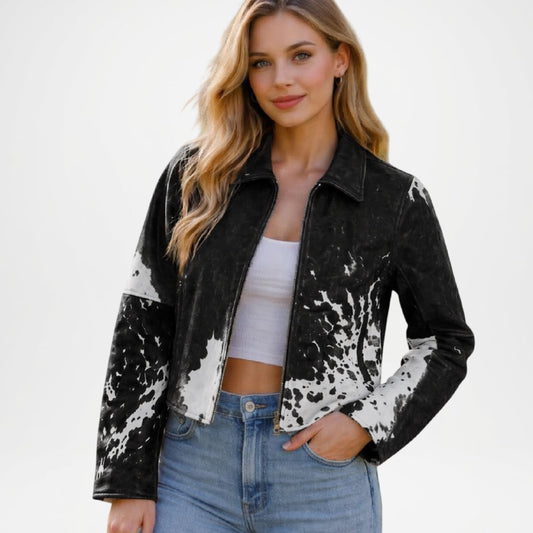 Black Cow Print Jacket Women Cropped Western Style