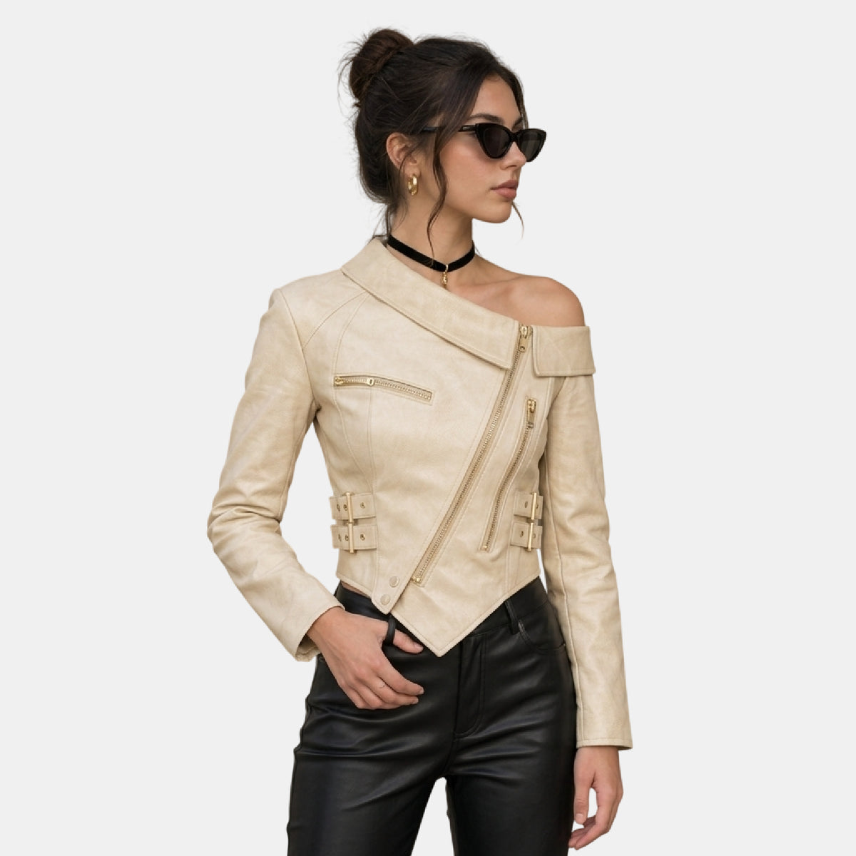 Ivory Leather Biker Jacket for Women with Gold Zippers