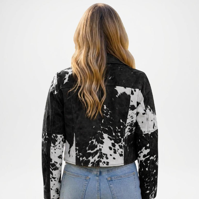 Black Cow Print Jacket Women Cropped Western Style
