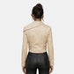 Ivory Leather Biker Jacket for Women with Gold Zippers