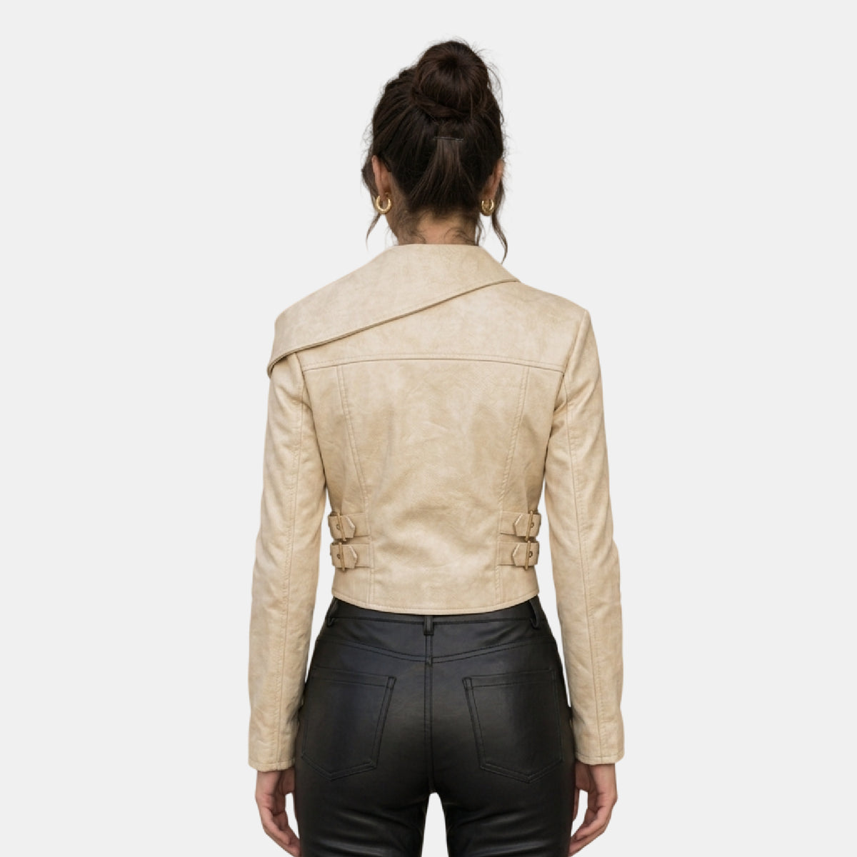 Ivory Leather Biker Jacket for Women with Gold Zippers