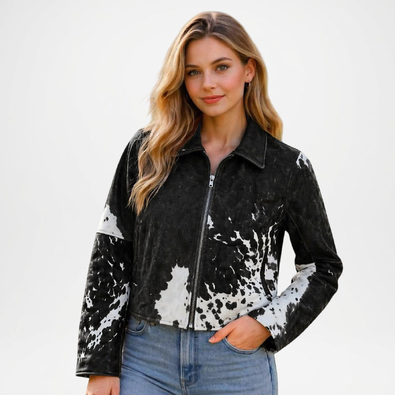 Black Cow Print Jacket Women Cropped Western Style