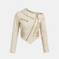 Ivory Leather Biker Jacket for Women with Gold Zippers