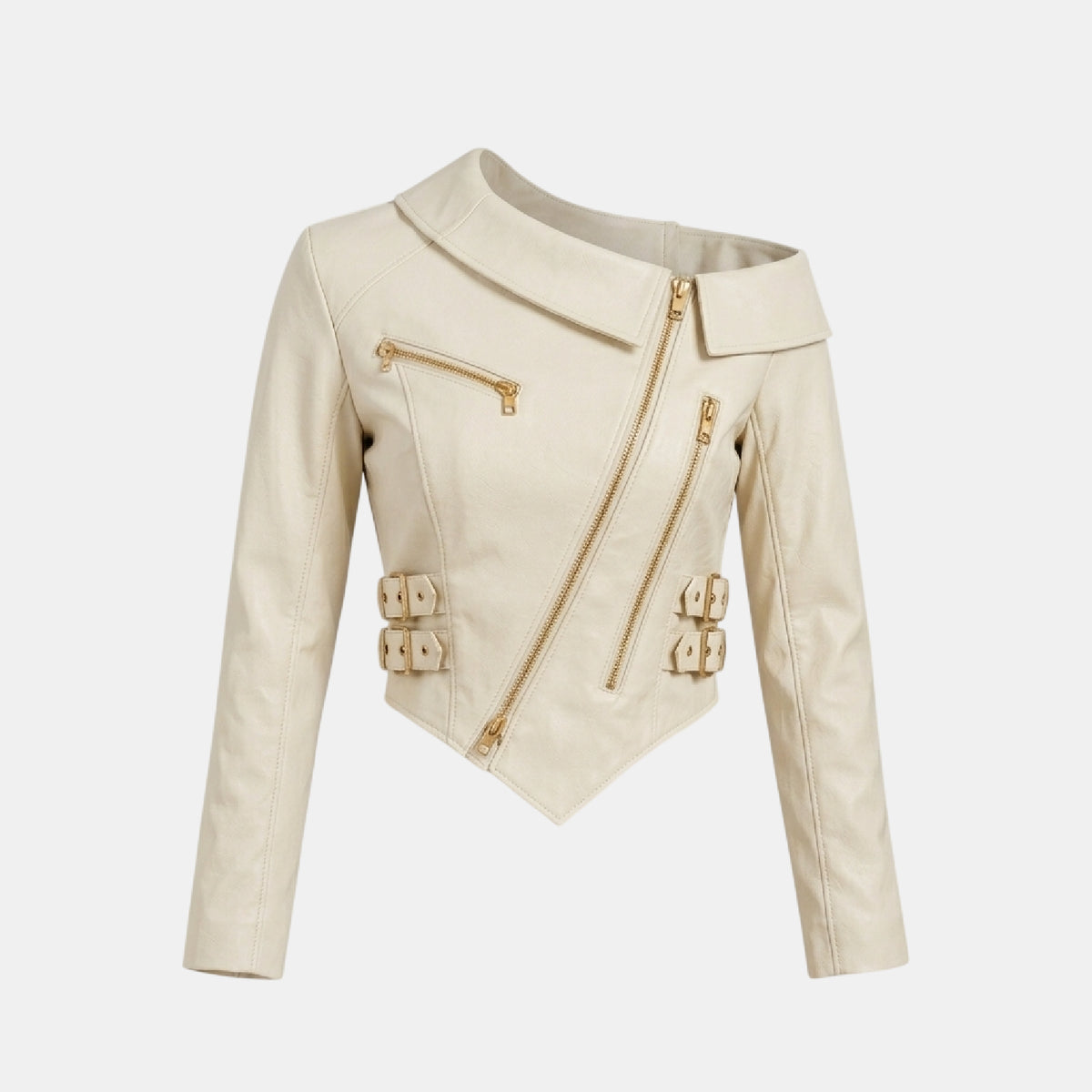 Ivory Leather Biker Jacket for Women with Gold Zippers
