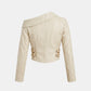Ivory Leather Biker Jacket for Women with Gold Zippers