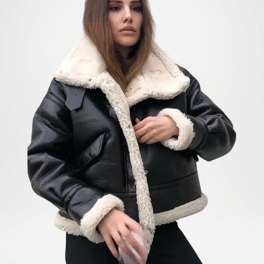 Bella Women’s Black Leather Bomber Jacket – Classic A-2 Shearling Style