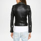 Black leather biker jacket with studs on a white background back view