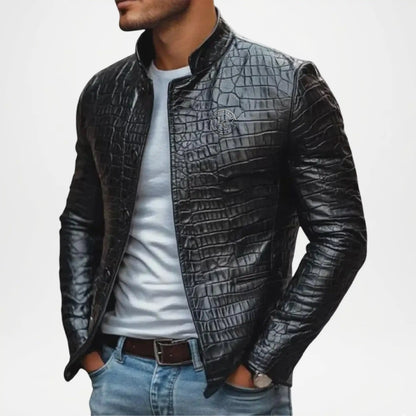 Men's Crocodile Leather Jacket – Black Embossed Biker Jacket