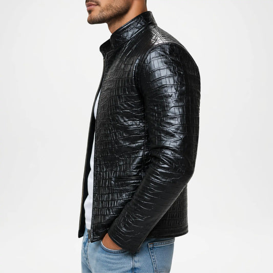 Men's Crocodile Leather Jacket – Black Embossed Biker Jacket