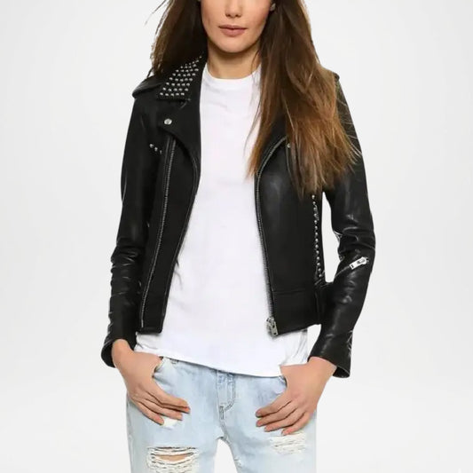 Women’s Black Leather Biker Jacket Studded Rebel Style