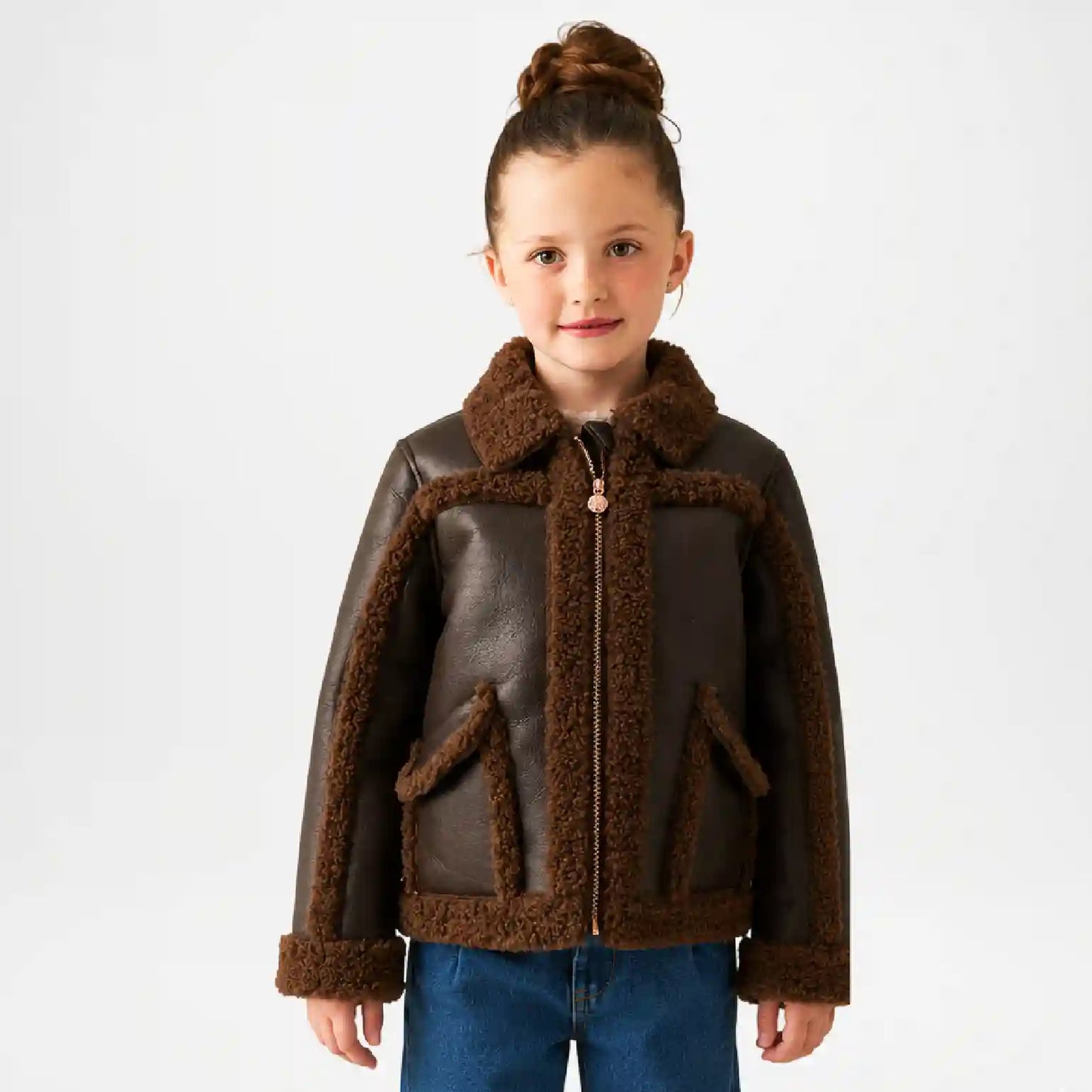 Girls Shearling Jacket | Brown Winter Leather Jacket
