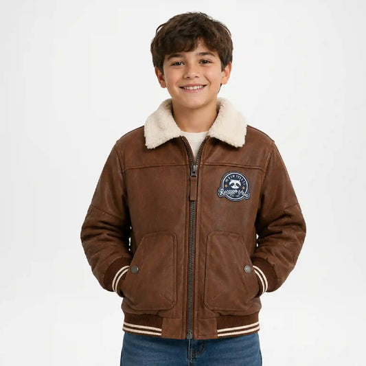 Boys Bomber Jacket | Brown Leather Shearling Jacket