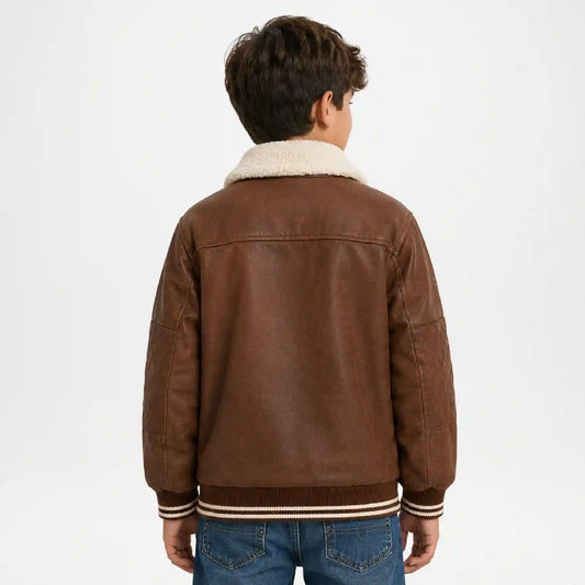 Boys Bomber Jacket | Brown Leather Shearling Jacket