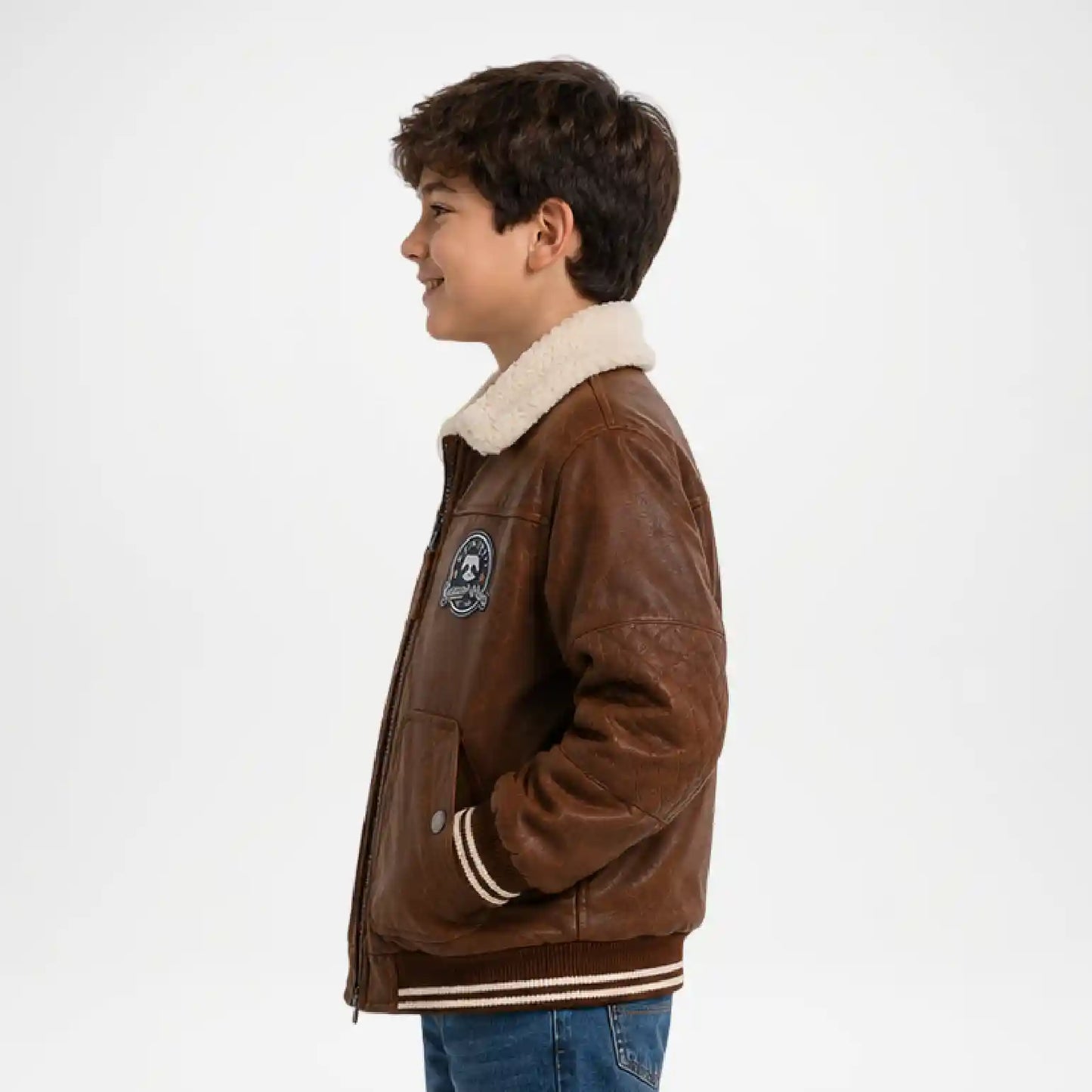 Boys Bomber Jacket | Brown Leather Shearling Jacket