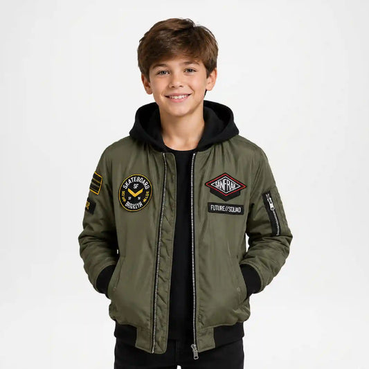 Bomber Jacket Boys | Green Hooded Military Jacket