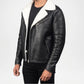 Black leather jacket with white fur lining 