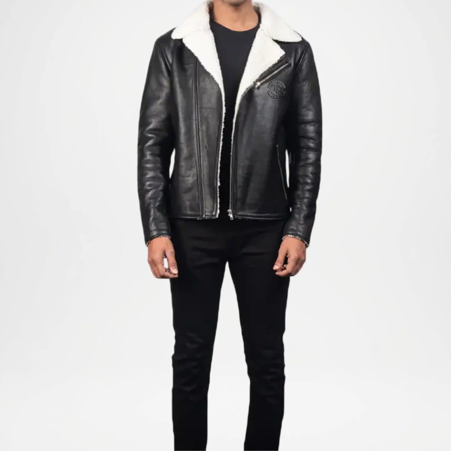 black shearling leather jacket men
