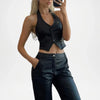 womens black leather vest aventura style