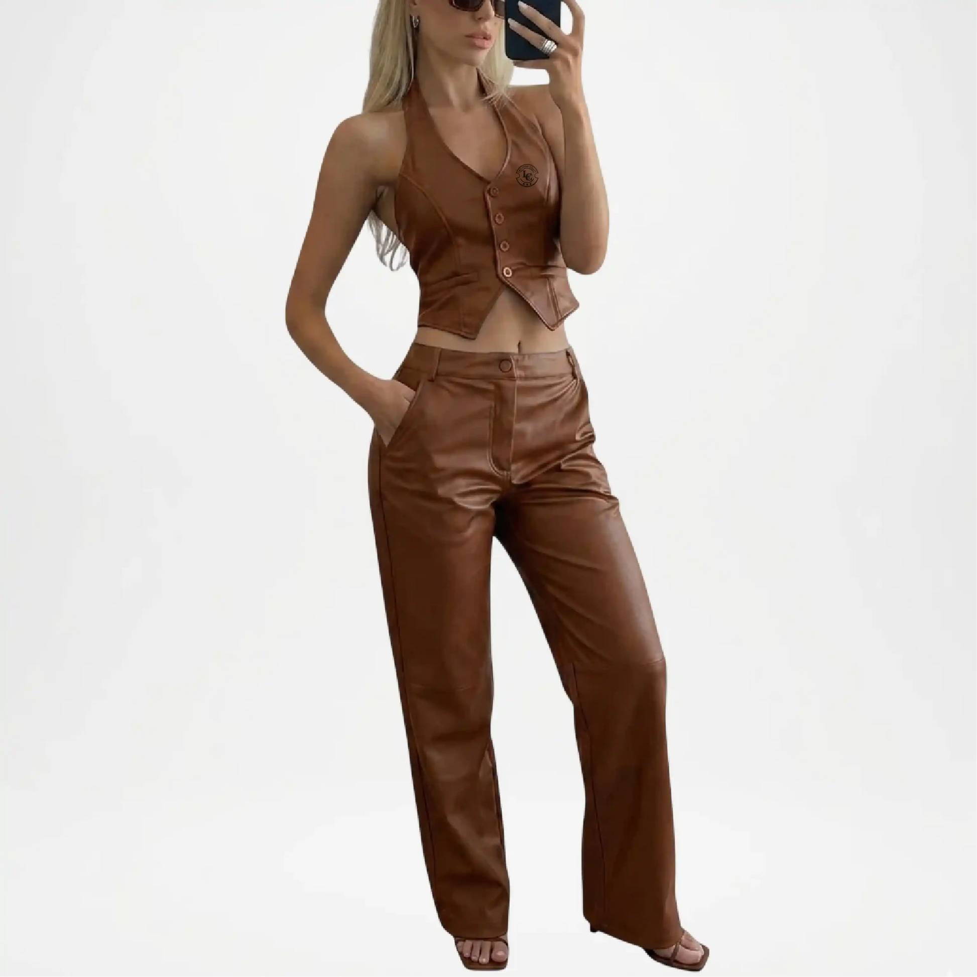 womens brown leather vest aventura style