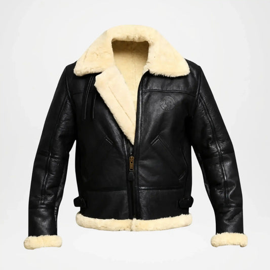 B-3 Men’s Black Shearling Leather Fur Bomber Jacket