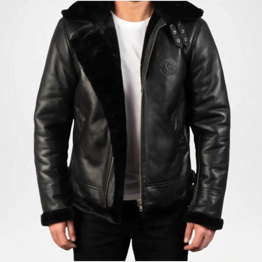 Men’s black shearling bomber jacket with fur collar