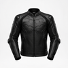 A black leather motorcycle jacket featuring a Batman-inspired bat emblem on the chest and shoulders, displayed on a clean white background.