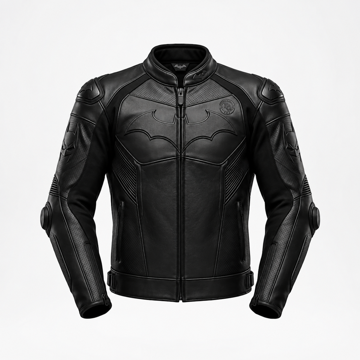A black leather motorcycle jacket featuring a Batman-inspired bat emblem on the chest and shoulders, displayed on a clean white background.